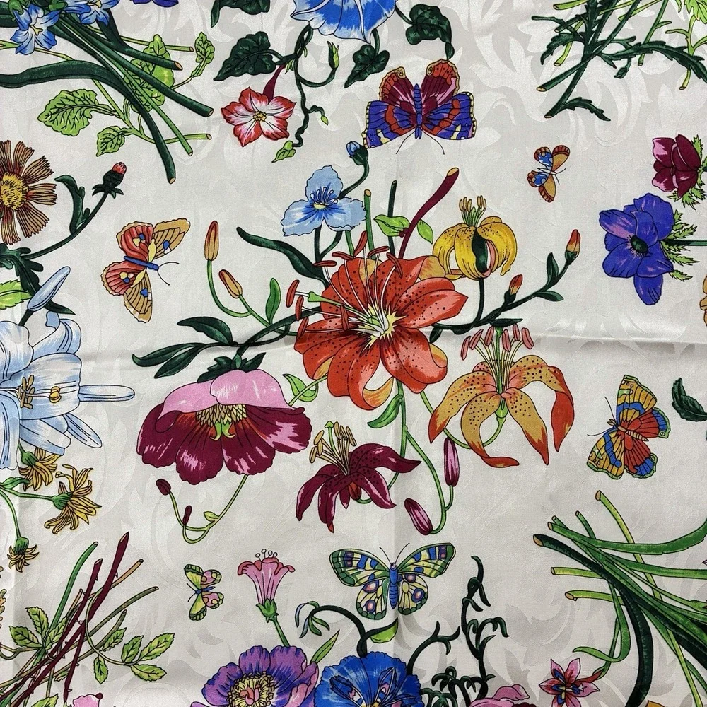 Floral Botanical 100% Silk Large Square Scarf Royal Blue Rolled Hem34